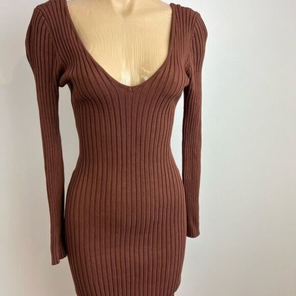 Hera Collection Women’s L Brown Knit Sweater Bodycon Dress Ribbed V Neck Plunge - Picture 1 of 10